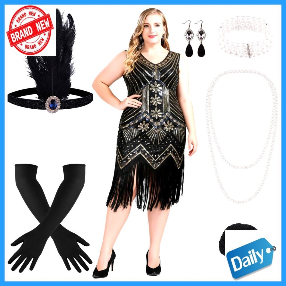 Sequin Beaded Fringe Flapper Dress with Accessories Set 1920s Gatsby